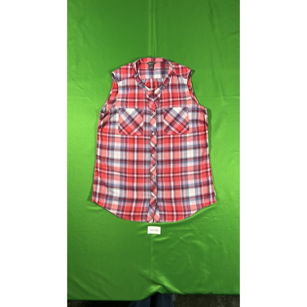 Eddie Bauer Womens Sleeveless Plaid Button Down Shirt Coral Red Blue Small